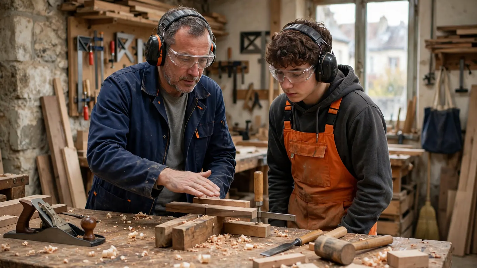 Maître d'apprentissage menuisier montrant un geste de découpe à un jeune apprenti dans un atelier
