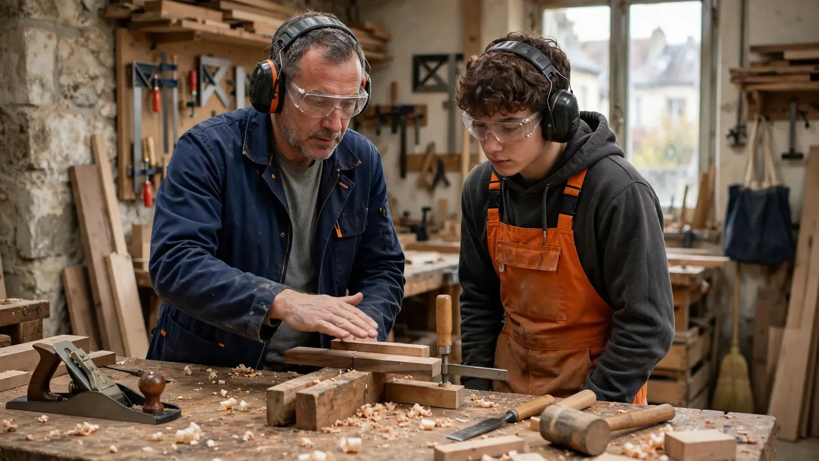Maître d'apprentissage menuisier montrant un geste de découpe à un jeune apprenti dans un atelier