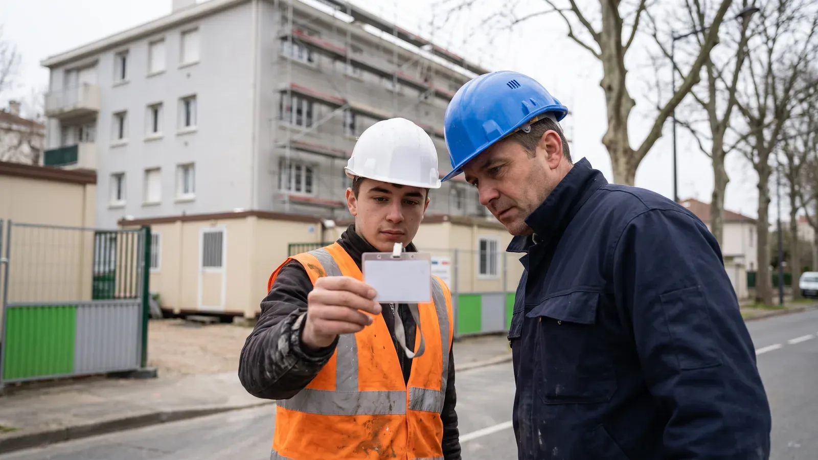 Casque, gants, chaussures de sécurité et carte professionnelle d'un salarié du bâtiment posés sur une table de vestiaire