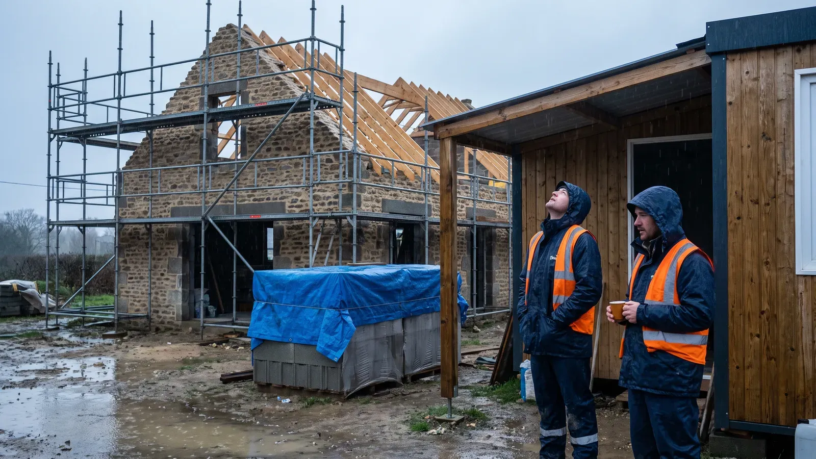 Chantier de construction sous un ciel gris avec échafaudages et compagnons en tenue de sécurité