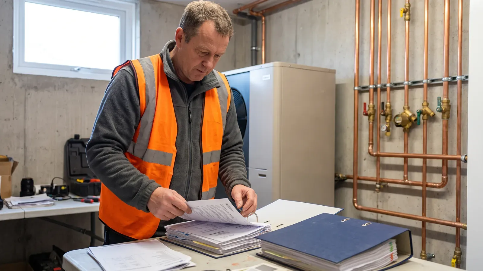 Conducteur de travaux relevant les équipements installés pour le dossier des ouvrages exécutés