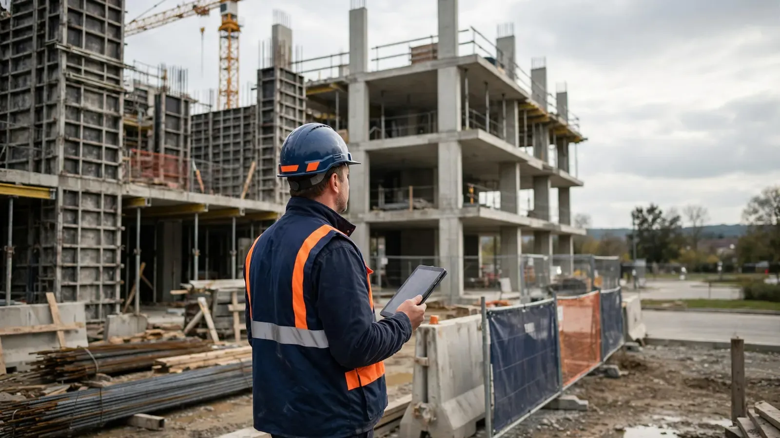 Un professionnel du bâtiment en casque et veste de signalisation consulte une tablette devant un immeuble en construction, une grue en arrière-plan