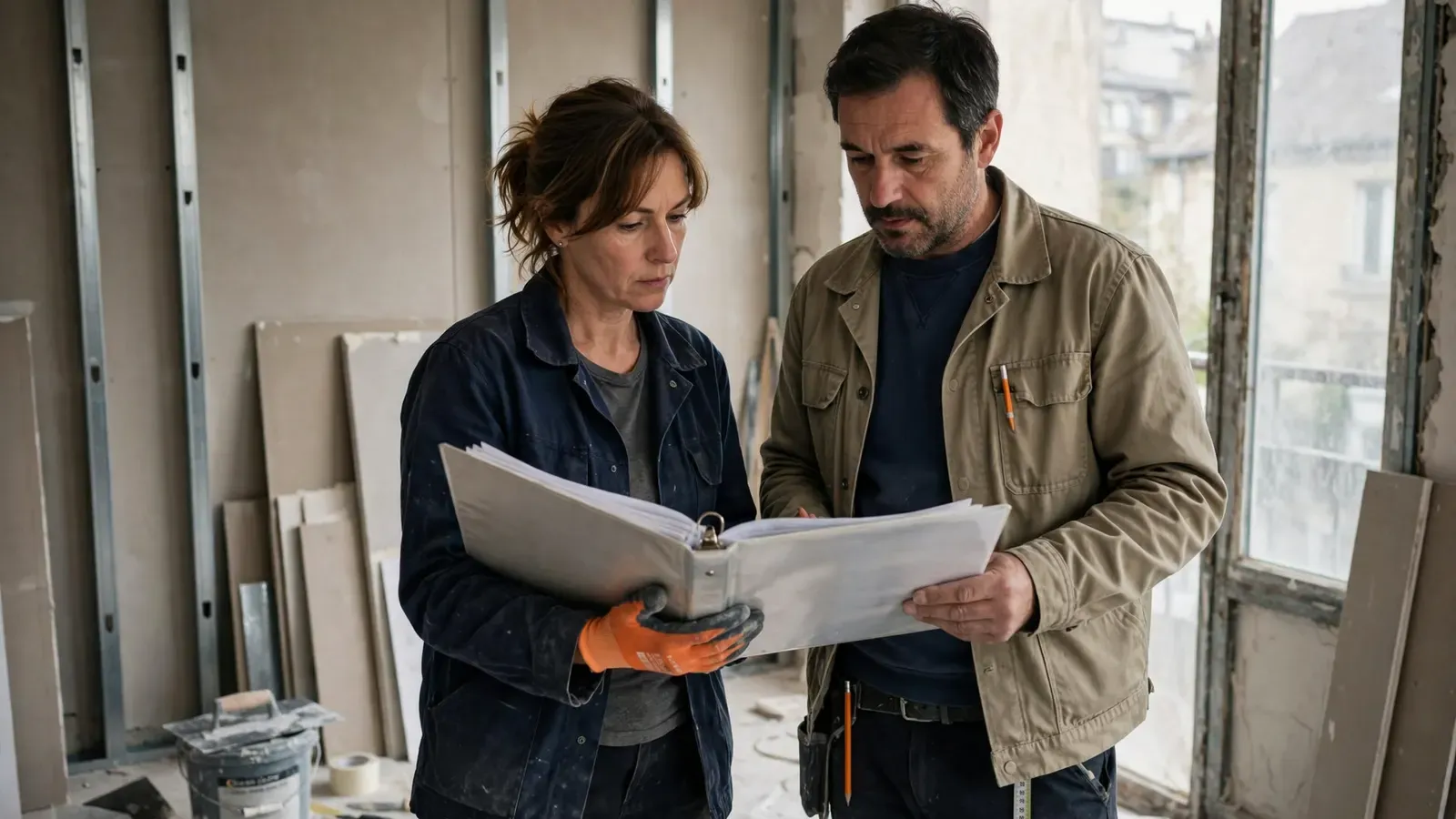 Cheffe d'entreprise de plâtrerie et maître d'œuvre faisant le point d'avancement avec un classeur sur un chantier de rénovation