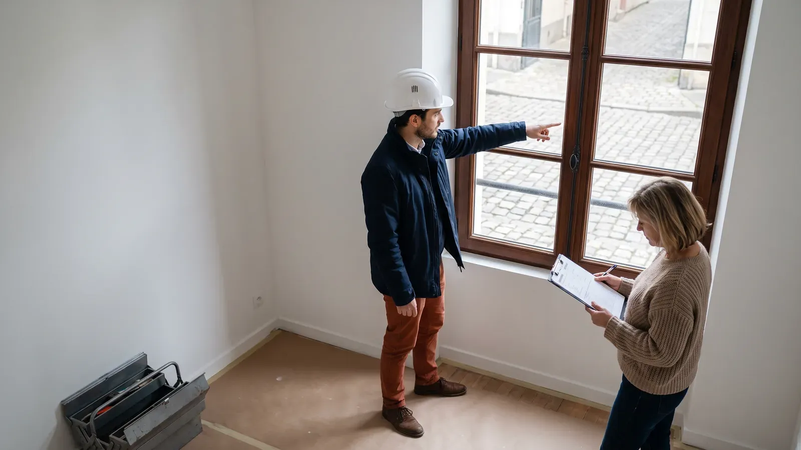 Conducteur de travaux et client inspectant un ouvrage lors de la réception