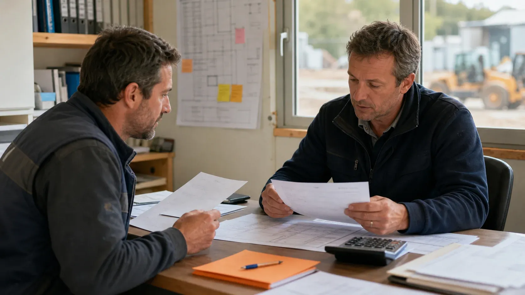 Deux professionnels du bâtiment relisant un contrat de sous-traitance dans un bureau de chantier