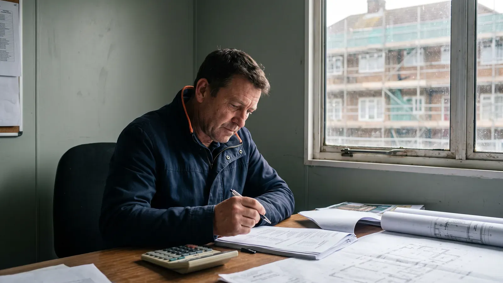 Chef d'entreprise du bâtiment calculant l'avancement d'un chantier sur les plans et le devis