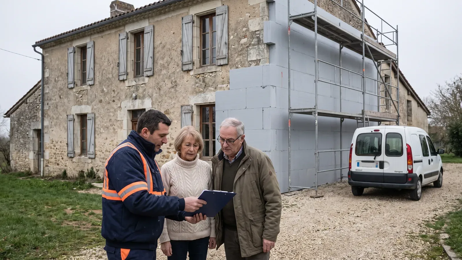 Deux professionnels du bâtiment vérifiant un dossier de travaux devant une maison en rénovation