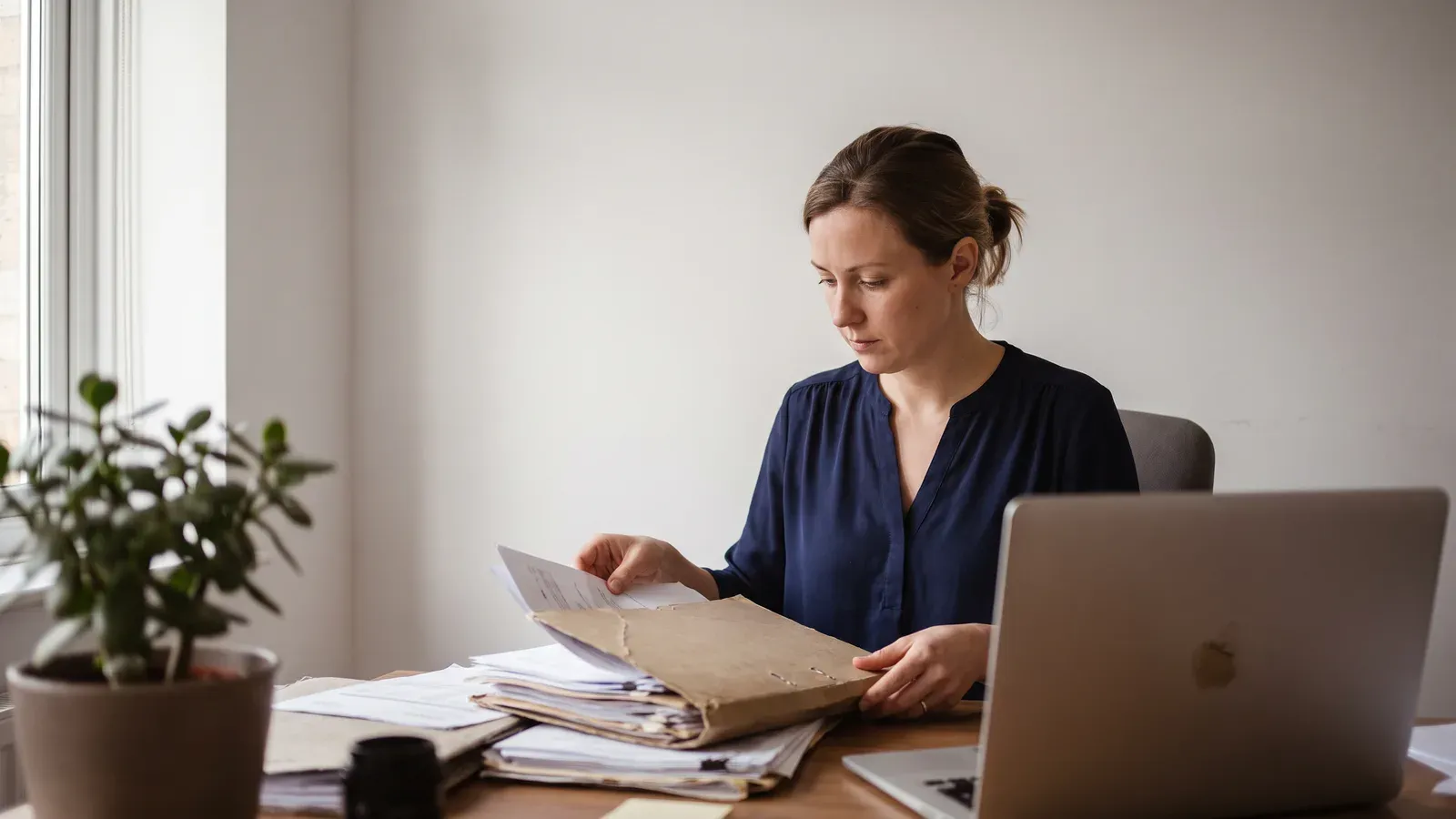 Assistante administrative vérifiant les justificatifs d'un sous-traitant avec le dirigeant d'une entreprise du bâtiment